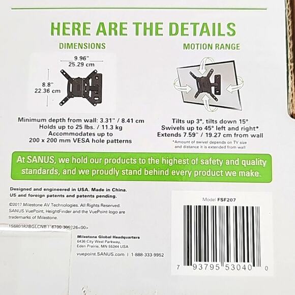 Sanus Vuepoint Full Motion TV Wall Mount for 13-32" TV Up To 25 lb FSF-207 (NIB) - Picture 6 of 6